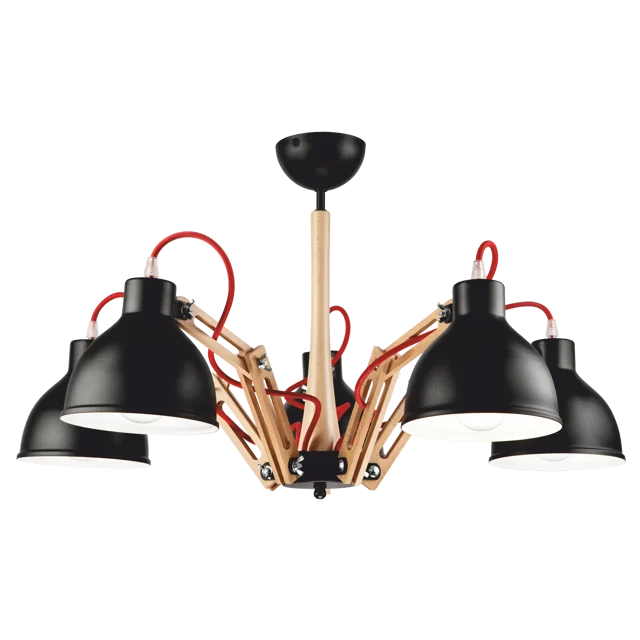 Lampa sufitowa Marcello czarna z drewnem 5 x E27 Lamkur